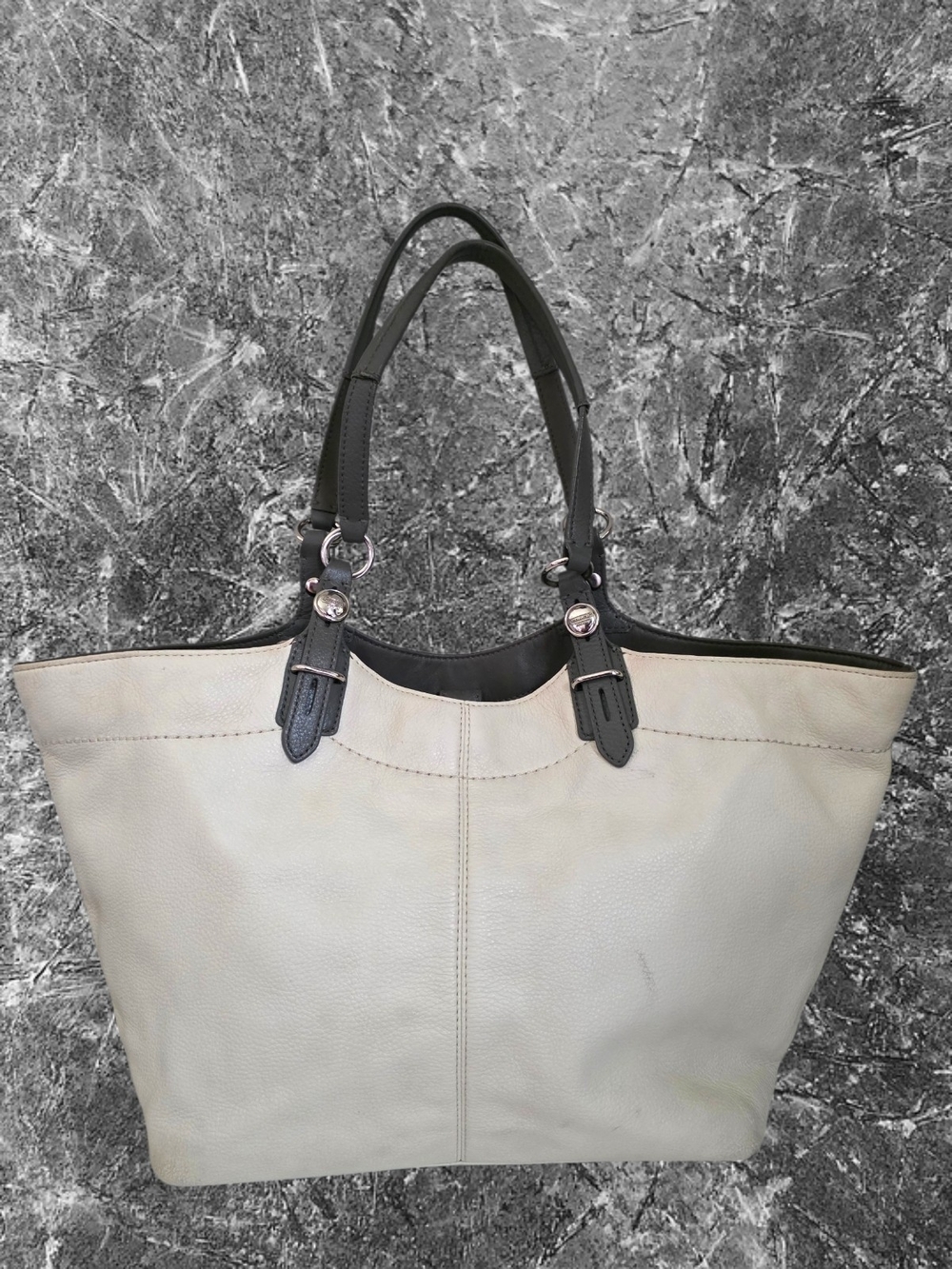 Coach Large Leather Tote Bag Cream Gray Colorblock Shoulder Purse - Picture 2 of 16